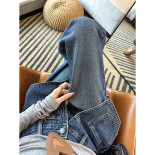 设计感宽松直筒拖地裤 版 女秋新款 遮肉假两件阔腿牛仔裤 型超神