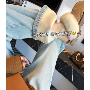 浅色宽松阔腿长裤 女冬新款 子 加厚绒保暖牛仔裤 入冬保命shen裤