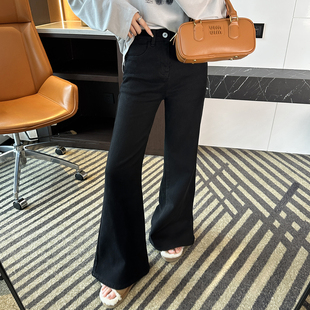 弹力拖地裤 拯救腿型 加绒修身 女秋冬新款 黑色高腰微喇叭牛仔裤