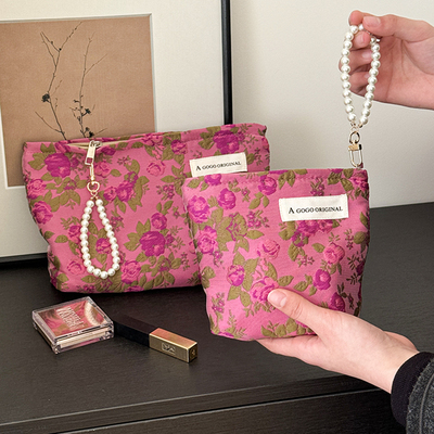 小清新花朵化妆包温柔文艺珍珠手拎包布艺收纳袋卫生巾包彩妆包