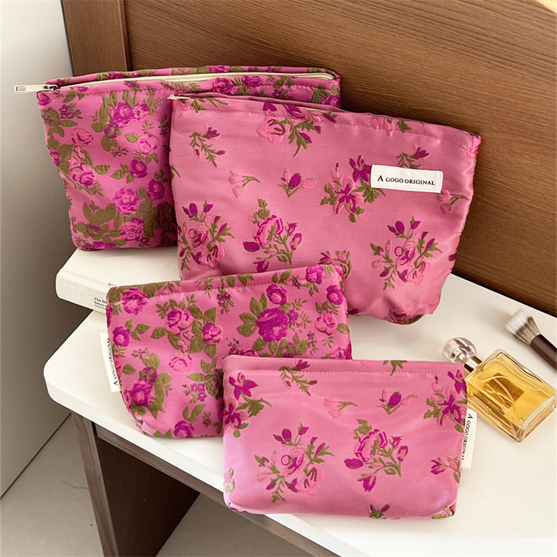 复古化妆包花朵便携收纳袋女生帆布手拿包旅行洗漱包钱包