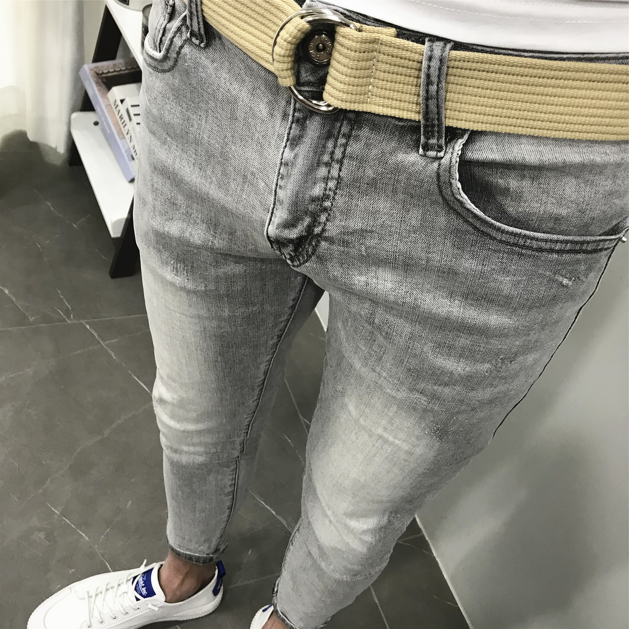 浅烟灰薄牛仔裤男修身小脚九分百搭显瘦夏季新款韩版潮简约送腰带