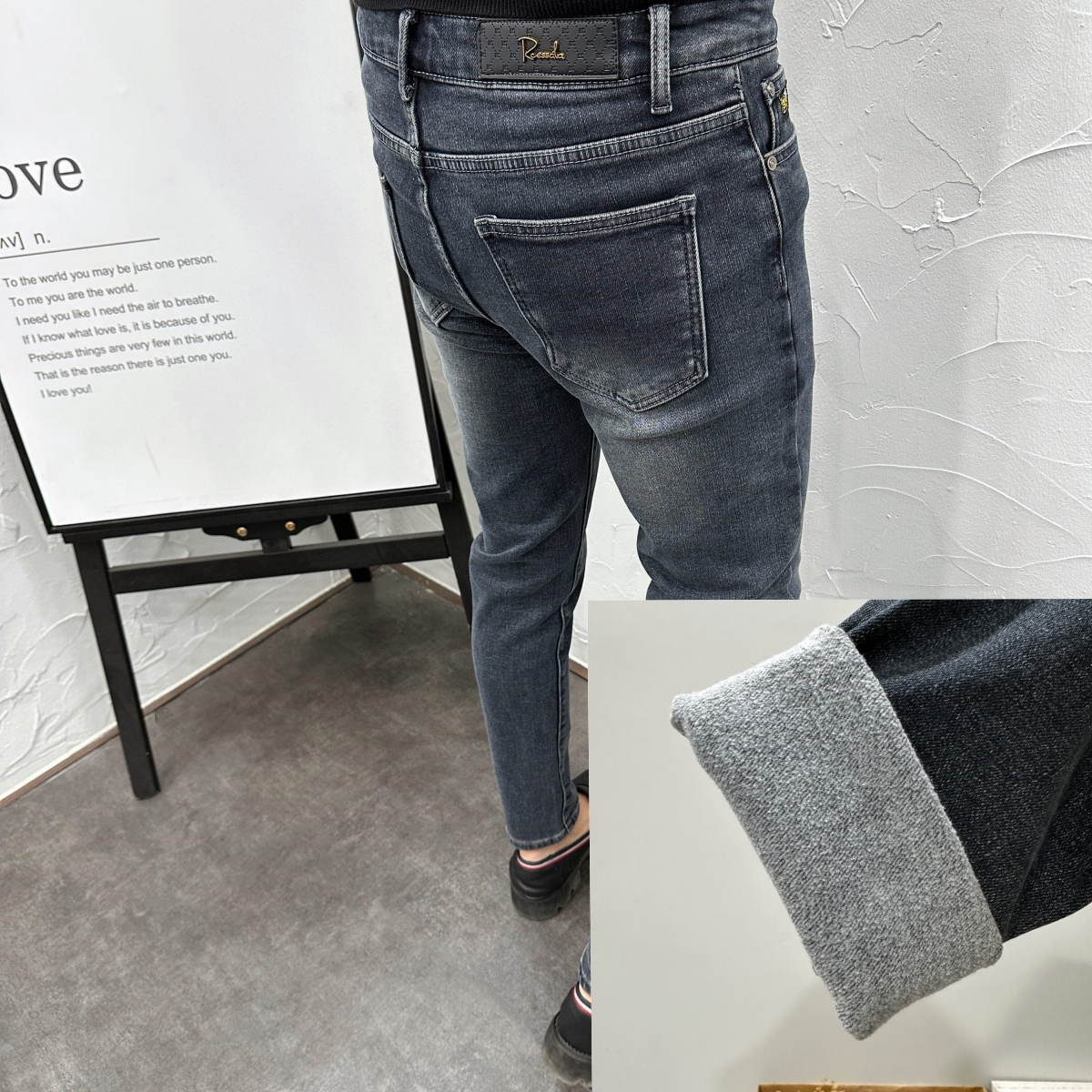 蓝灰色水洗抓毛加厚保暖弹力修身小脚牛仔裤男士秋冬新款潮流长裤