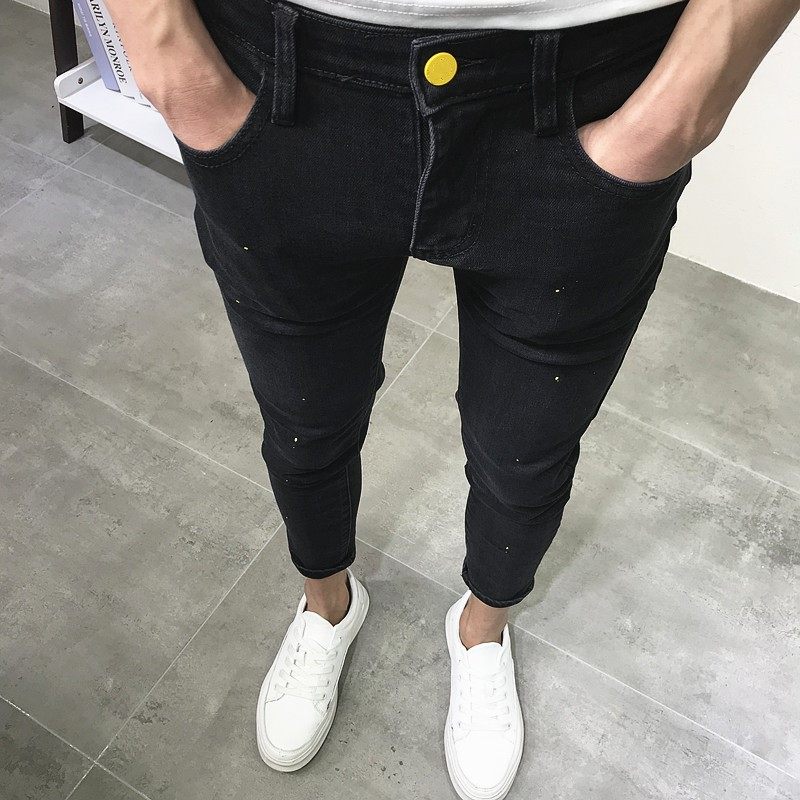 黑色甩油漆九分牛仔裤男潮牌夏新韩版修身小脚裤社会青年网红抖音,男装,牛仔裤,淘宝优惠券,粉丝福利购,淘宝优惠卷