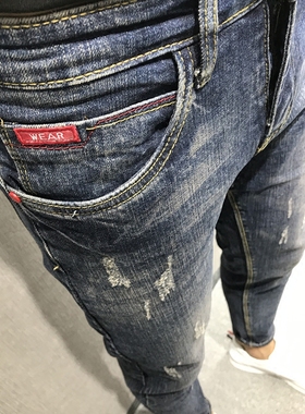 潮男秋冬新韩版修身复古做旧加厚猫须小脚牛仔裤社会小伙快手红人