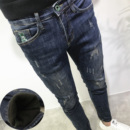弹力百搭保暖裤 小脚韩版 潮男秋冬新修身 深蓝刺绣加绒加厚牛仔长裤