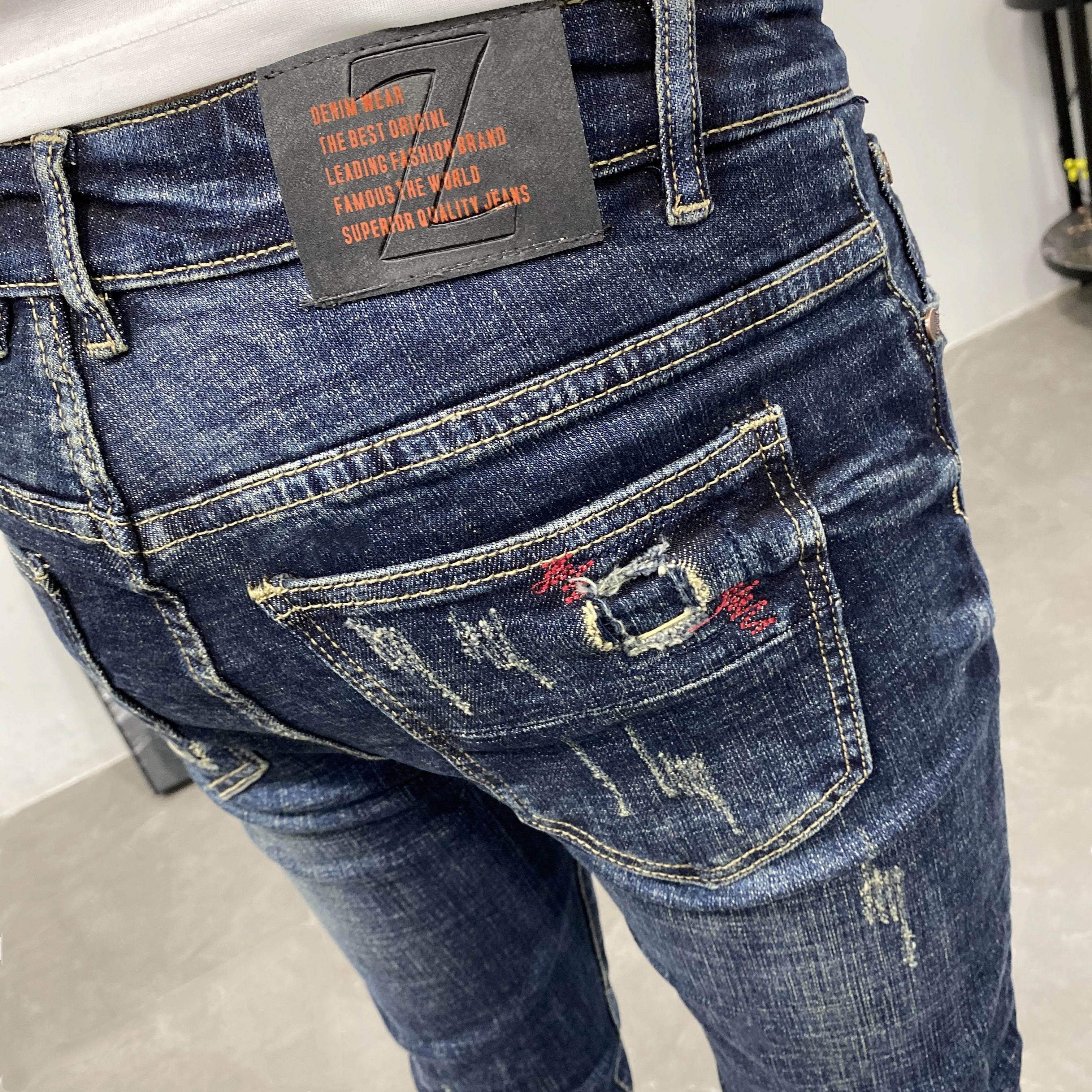 ins复古做旧深蓝猫须抓痕修身小脚牛仔长裤男 潮秋青年弹力中低腰,男装,牛仔裤,淘宝优惠券,粉丝福利购,淘宝优惠卷