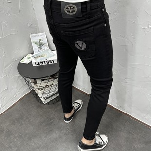 潮流休闲百搭长裤 时尚 男夏秋新款 小脚牛仔裤 烫钻黑色水洗弹力修身