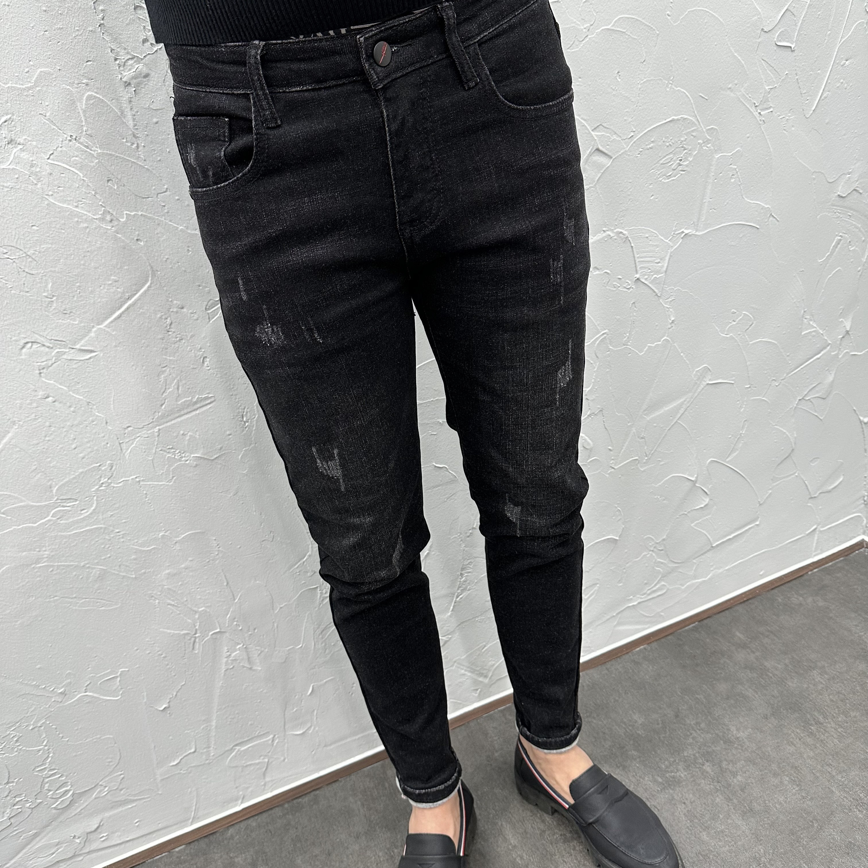 抓毛加厚保暖水洗黑猫须修身小脚牛仔长裤男冬潮流微弹中低腰休闲