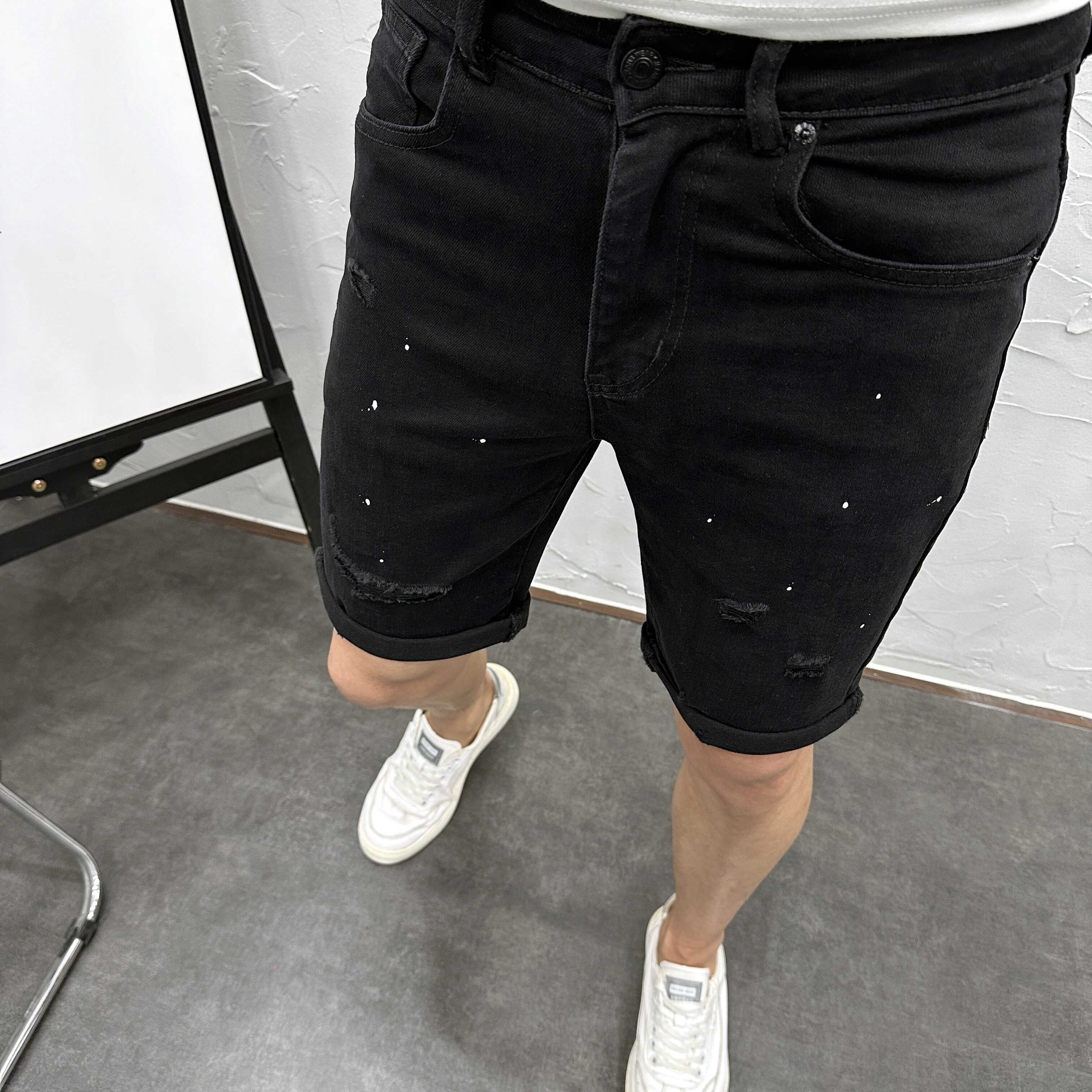 甩漆破洞黑色水洗修身小脚牛仔短裤男夏 潮流弹力五分中裤5分沙滩
