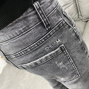 时尚灰色刺绣小脚修身牛仔裤男潮秋韩版社会青年学生百搭紧身长裤