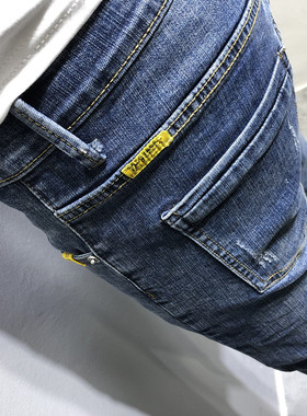 ins工装贴布水洗蓝小脚九分牛仔裤 潮男春夏新韩修身社会小伙青年