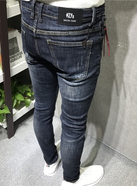 秋冬款潮男修身深蓝猫须抓毛加厚小脚牛仔裤社会小伙快手红人网红