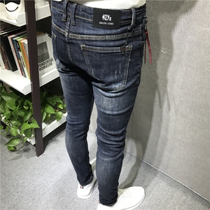 秋冬款潮男修身深蓝猫须抓毛加厚小脚牛仔裤社会小伙快手红人网红
