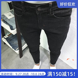 潮男夏新韩版修身黑弹力小脚牛仔裤长社会精神小伙网红快手chic