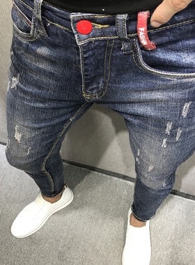 潮男秋冬新韩版修身复古做旧蓝猫须九分小脚牛仔裤社会小伙快手人