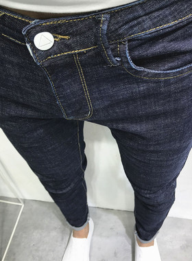 潮男夏新韩版修身普洗原色深蓝弹力小脚牛仔裤长社会小伙网红快手