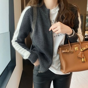 减龄洋气拼色羊绒夹克开衫 小众设计时尚 女针织外套潮 新款 2020春季