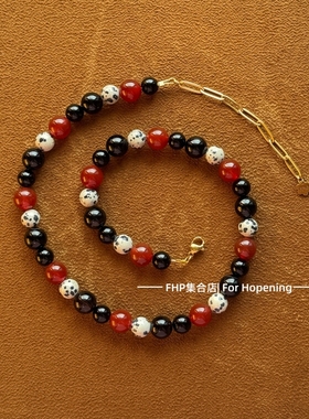FHP 小众设计气质高级感黑色红玛瑙天然石串珠项链简约百搭颈链女