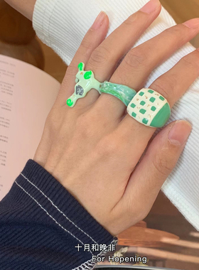 棋盘格手绘滴油不规则戒指ins