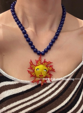 手工串珠太阳神造型蓝色系项链