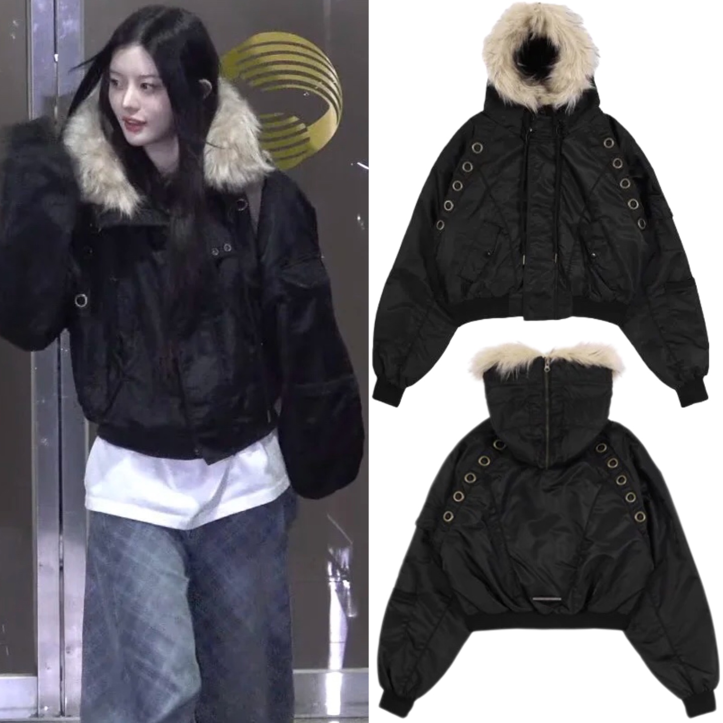 朴敏珠Minju同款黑色韩版宽松休闲穿孔大毛领棒球服夹克棉服外套