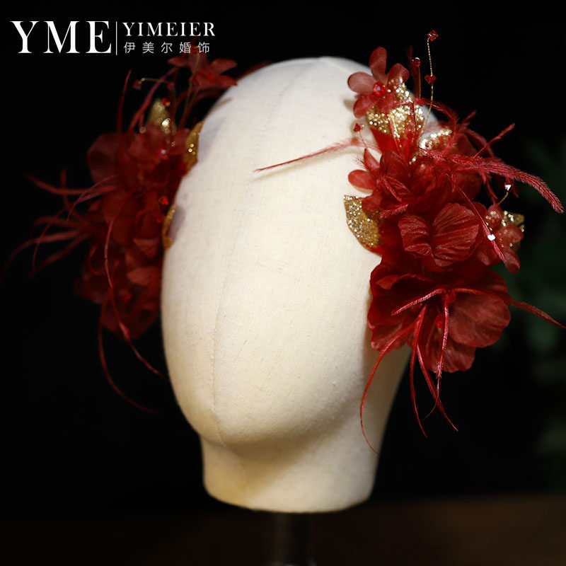 仙气红色娟纱花朵新娘发夹头饰