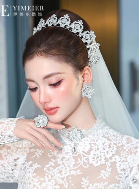 新娘皇冠高级感轻奢气质大皇冠复古水晶项链耳环套装结婚宴会配饰