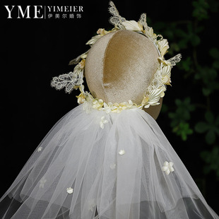 原创手工花朵花环头纱新娘婚纱头饰韩式影楼写真配饰浪漫旅拍配饰