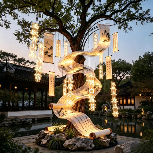 中式古风水墨发光飘带卷轴美陈