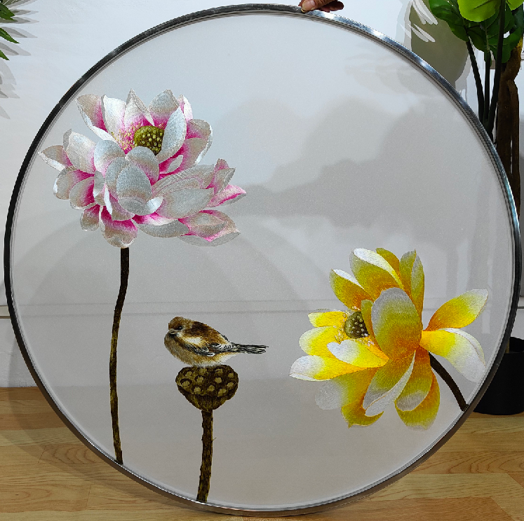 新款双面刺绣半透明机绣双面绣绣片蓬莱仙境荷花莲蓬花鸟苏绣