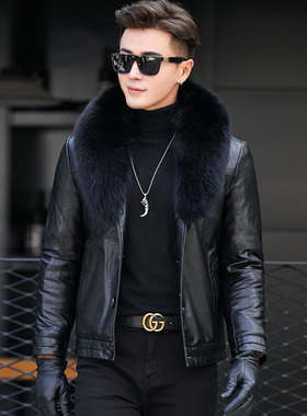 海宁男士皮衣皮草绵羊皮真皮皮毛一体狐狸毛领韩版潮男装皮夹克