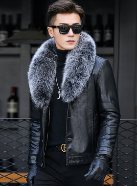 海宁狐狸毛领可拆卸皮毛一体男羊羔毛内胆修身外套短款真皮皮夹克