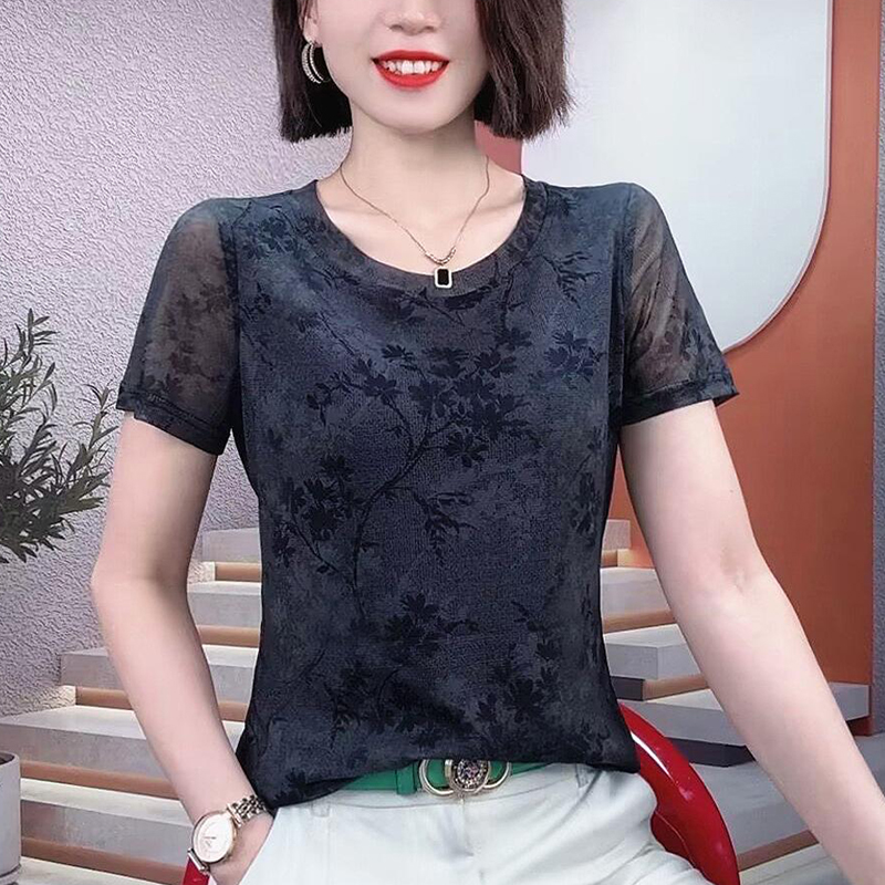 夏季新款时髦网纱圆领短袖T恤女印花上衣打底衫妈妈装洋气小衫女