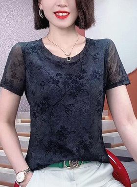 夏季新款时髦网纱圆领短袖T恤女印花上衣打底衫妈妈装洋气小衫女