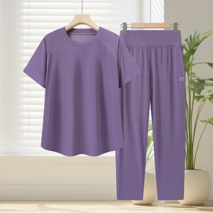 夏季新款圆领速干短袖套装女中老年女装运动服套装上衣裤子两件套