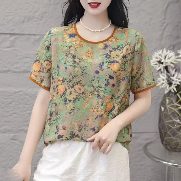 夏季新款圆领碎花短袖T恤女时尚洋气中老年妈妈雪纺小衫半袖上衣