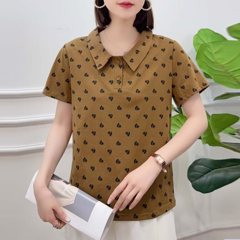 夏季新款娃娃领短袖T恤女时尚洋气中老年妈妈装半袖小衫印花上衣