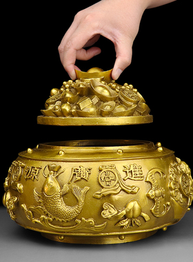 五路财神纯铜带盖家居客厅存钱罐