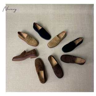 Narary鞋履真皮手工小皮鞋羊翻绒复古单鞋英伦风圆头乐福鞋平底