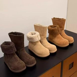 臣棠手工鞋跟高3cm小土豆芒果头冬季加绒雪地靴女防滑软底毛短靴