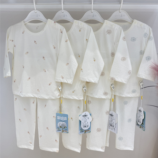 库比鼠婴儿肩开套头纯棉无骨内衣套装宝宝长袖空调服睡衣家居薄款