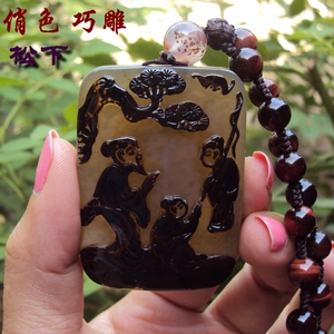 原色无烧纯天然玛瑙玉髓方牌吊坠项链意境巧雕立体浮雕复古挂件男