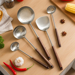 国风加长316不锈钢锅铲家用炒勺耐高温胡桃木柄炒铲汤勺漏勺套装