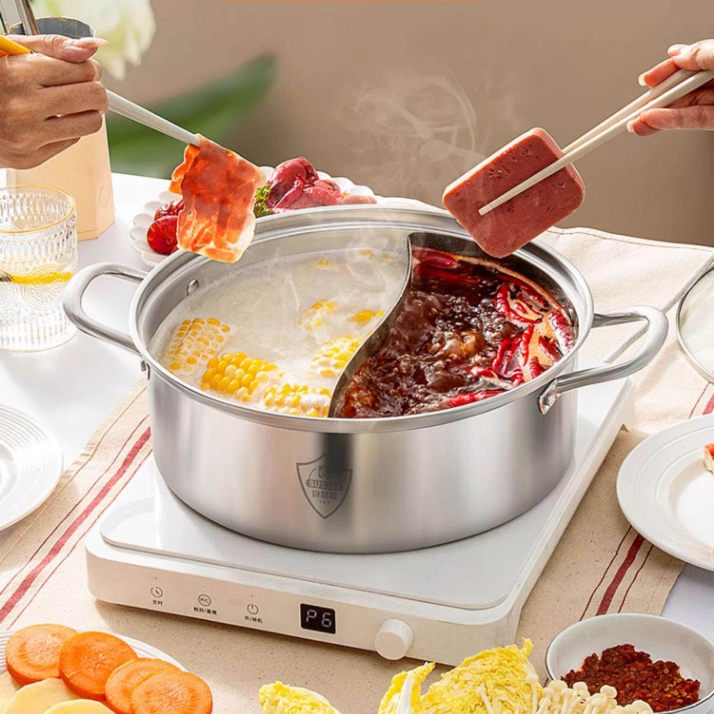 火锅汤锅304不锈钢锅电磁炉家用燃气专用锅煮粥煮锅加厚双耳锅具