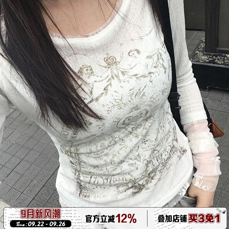 纯欲蕾丝拼接假两件长袖T恤