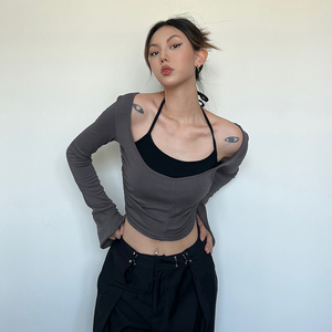 ROCKMORE复古撞色开叉喇叭袖抽绳两件套辣妹挂脖系带修身长袖上衣