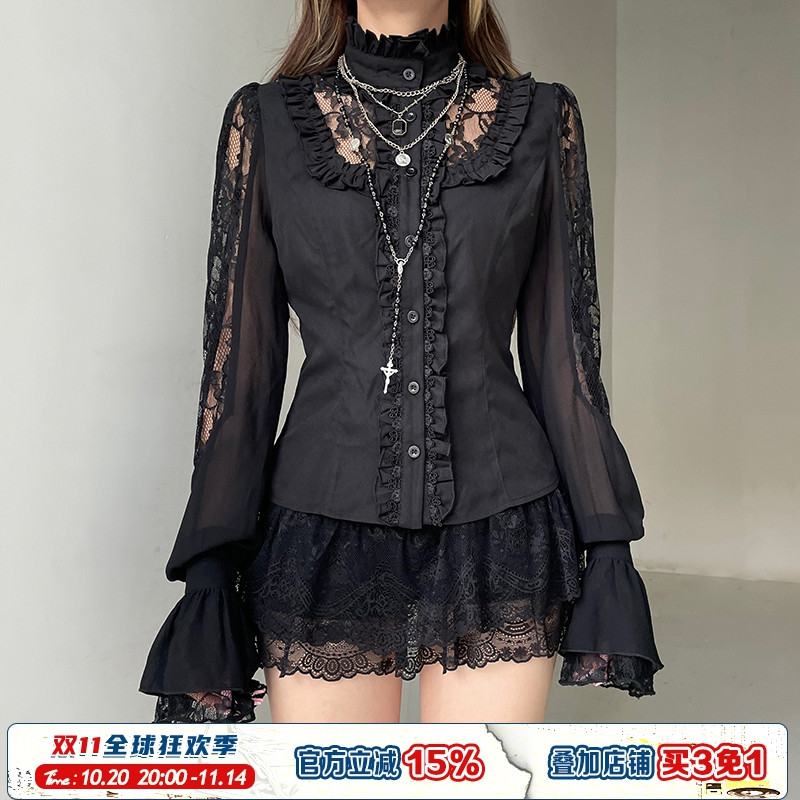 ROCKMORE【法式宫廷风】蕾丝拼接泡泡长袖黑色衬衫木耳边排扣上衣