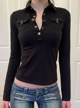ROCKMORE【美式复古】工装风黑色显瘦长袖T恤辣妹金属扣V领polo衫