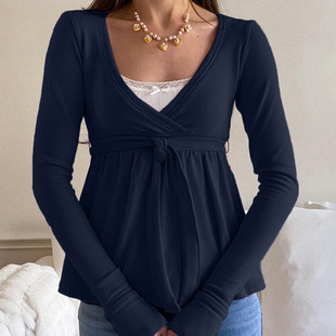 法式 显瘦娃娃衫 基础 上衣少女修身 交叉领绑带褶皱长袖 ROCKMORE